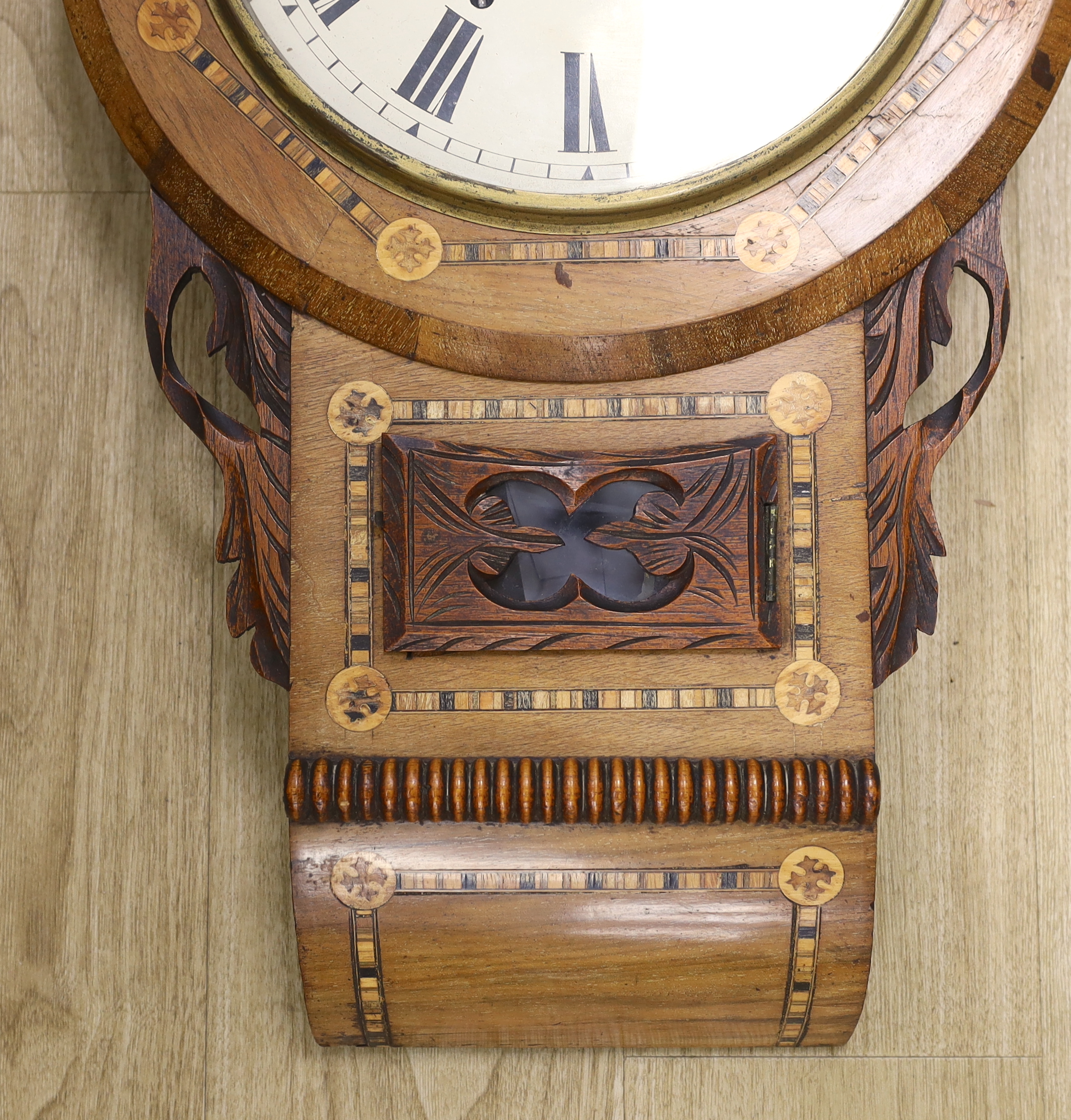 A late 19th century inlaid drop dial wall clock, 70cm